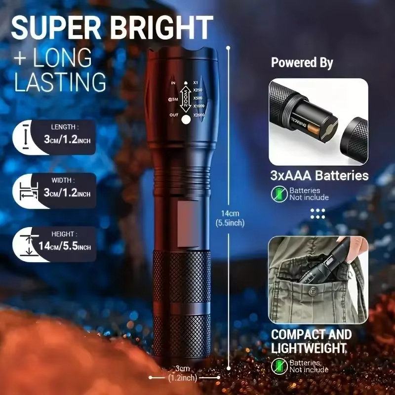 High Power LED Tactical Flashlight 5-Mode Light Zoom Waterproof Portable Torch For Camping Hiking Outdoor Hunting Aluminum Alloy Bright Tactical Flashlight LED 5 Modes Zoomable Searchlight Handheld - Image 3